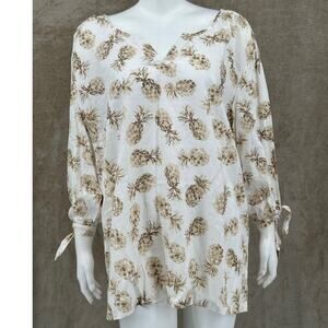Coral Bay Top Womens 3X Ivory Tan Pineapples Linen Blend Tropical Resort Beach‎